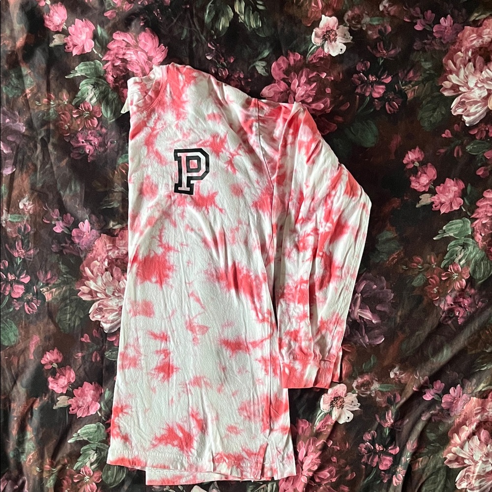 PINK Victoria's Secret Red and White Tie-Dye Shirt